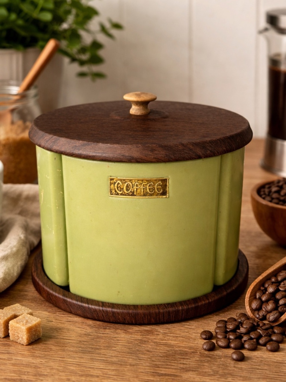 Rotating Canister Set Avocado Green Lazy Susan Retro 70s Kitchen